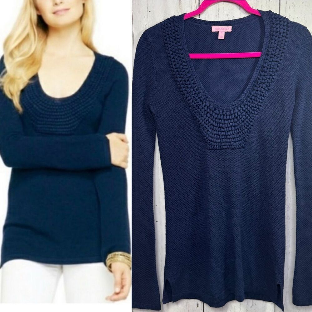 Lilly Pulitzer Womens Wool Blend Blue V Neck Tunic Sweater Ribbed Knit Crochet
